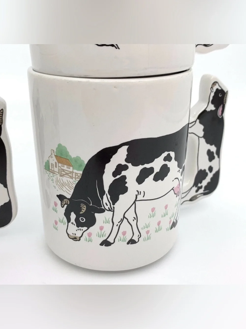 Vintage Enesco Cow Coffee Mug Cow-Shaped Handle FOUR {4} PIECE SET USED.